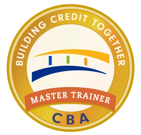 CBA Master Trainer seal/badge. The CBA bridge icon inside a gold circle with the words Building Credit together in white at the top of the circle and CBA in blue at the bottom. An orange banner near the bottom bears the words Master Trainer in white.